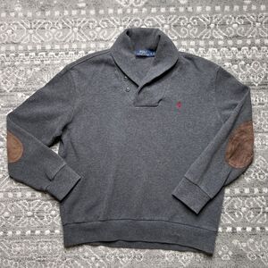 Polo Ralph Lauren Shawl Collar Pullover Sweater Mens Large Gray Elbow Patches